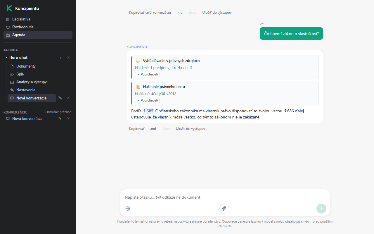 Ukážka chatu Koncipiento s citovaným zdrojom